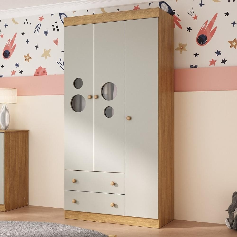 Guarda-roupa Infantil 92cm com Vidro 3 Portas e 2 Gavetas Pirulito Multimóveis MP4467