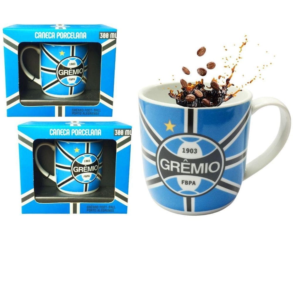 Kit 2Un Caneca Porcelana 300Ml Azul Preto Listras Café Clube