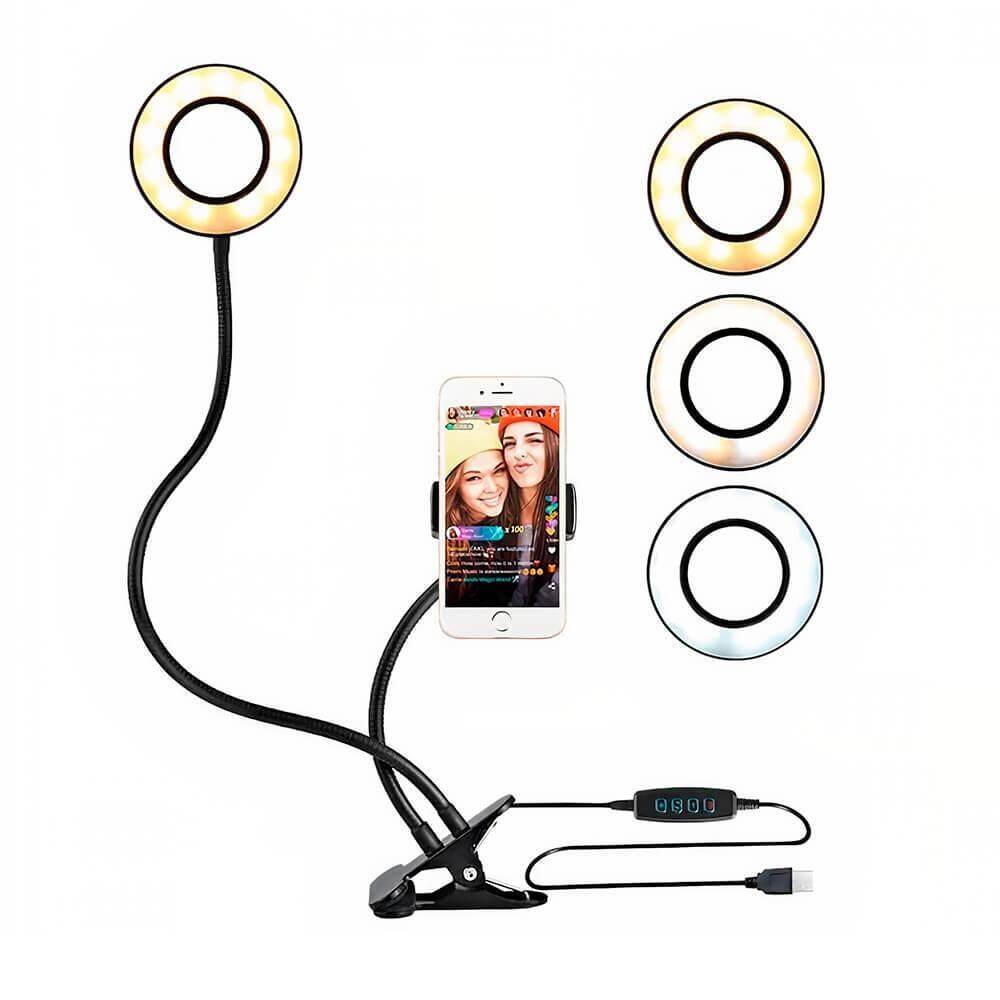 Iluminador Ring Light Suporte Mesa Articulado Controle Preto