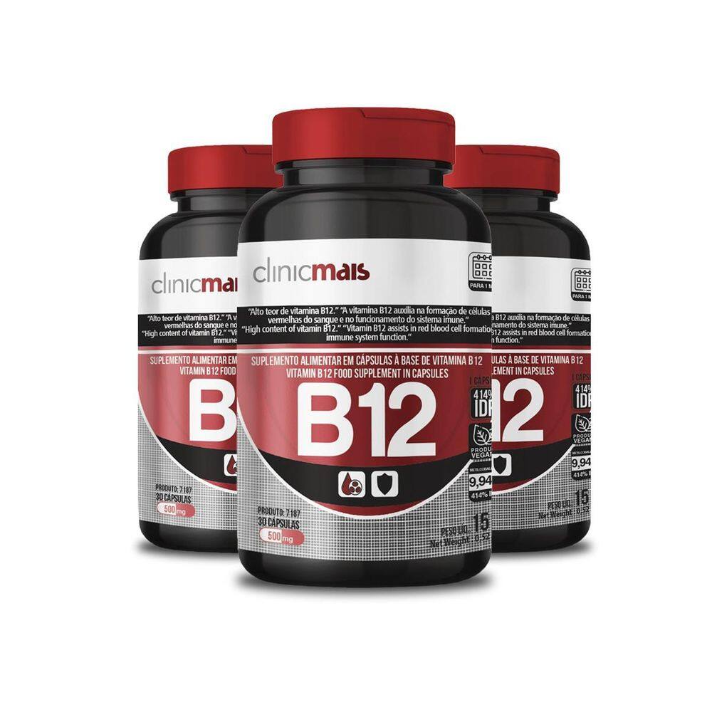 Kit 3 Vitamina B12 500Mg Clinicmais 30 Cápsulas