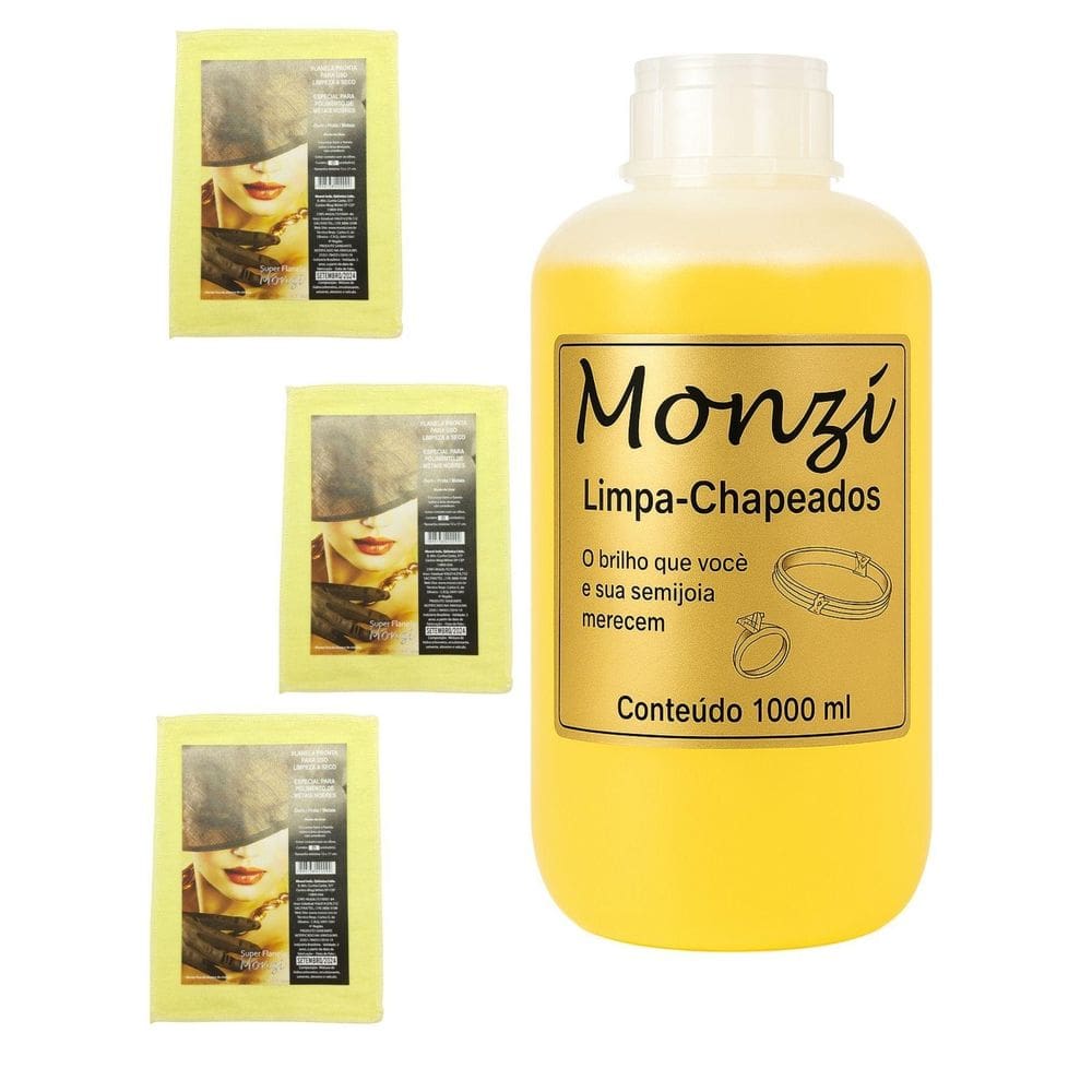 Kit 1 Limpa Chapeados Monzi 1 Litro Grande + 3 Flanela Pano
