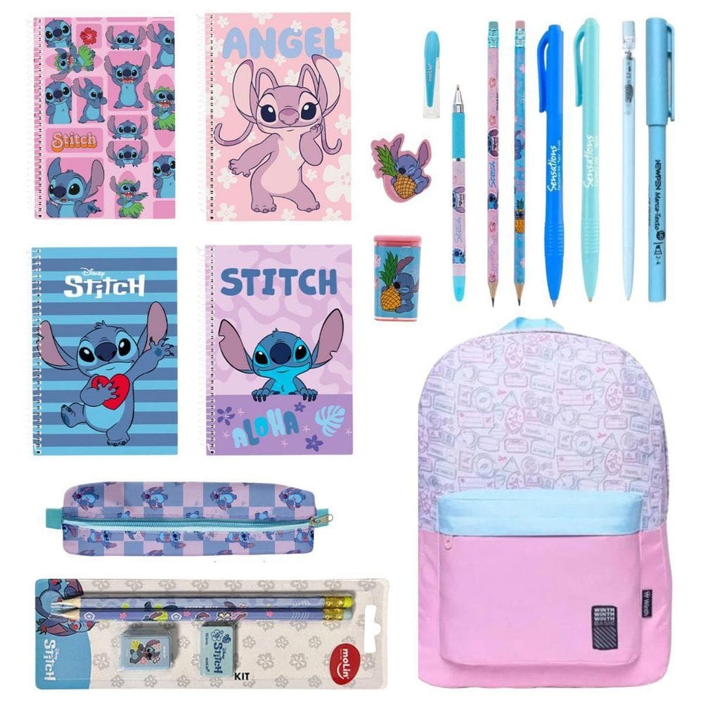 Kit Escolar Papelaria Stitch Mochila Estojo Canetas Fofas