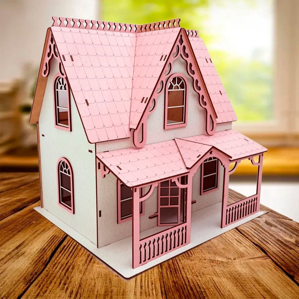 Casinha De Boneca Branco Rosa Miniatura Em MDF Barbie 34cm