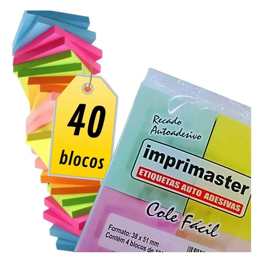 2X Kit 40 Blocos Recados Cole Fácil 38X50Mm Colorido 100Fls
