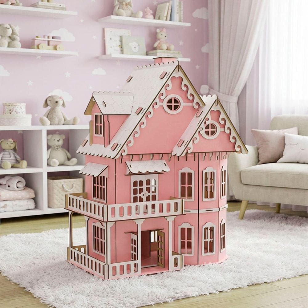Casinha De Boneca Rosa Branco Miniatura Em MDF Barbie 78cm