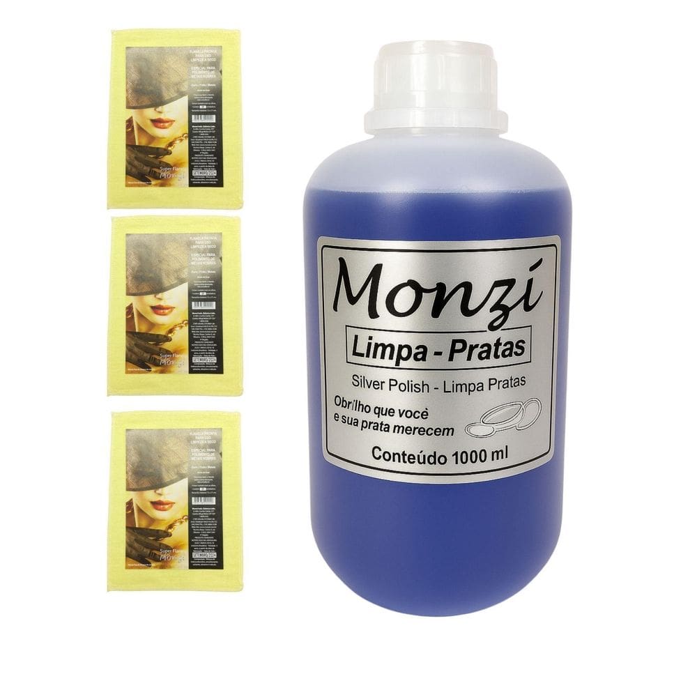 Kit 1 Limpa Pratas 925 Monzi Azul 125Ml Grande + 3 Flanela