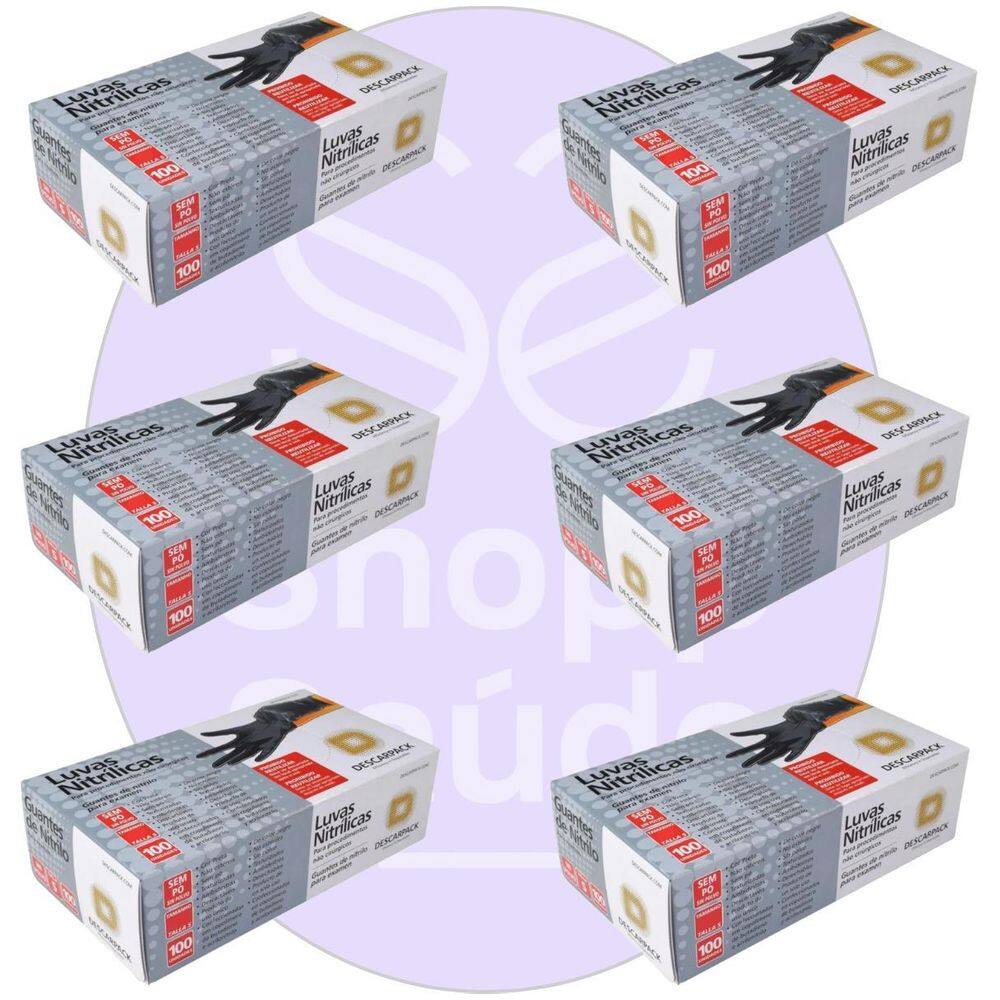 Kit 06 Luva Descartável Nitrílica Sem Pó Preta P Descarpack
