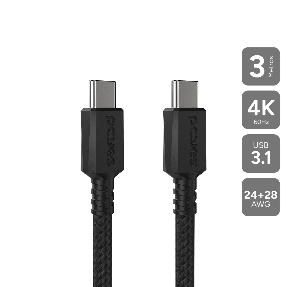 Cabo USB TIPO-C 3.1 P/ USB TIPO-C 3.1 - Preto - 3 Metros - NYLON - PUCP3P