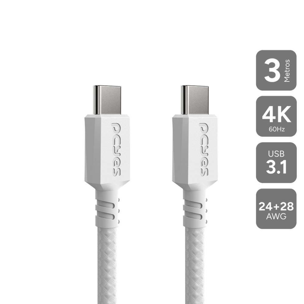 Cabo USB TIPO-C 3.1 P/ USB TIPO-C 3.1 - Branco - 3METROS - NYLON - PUCP3B