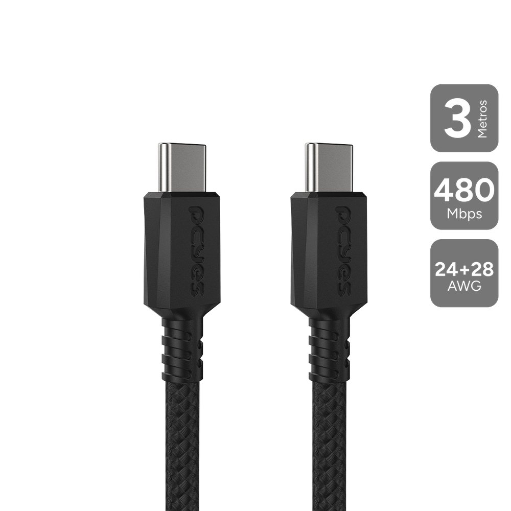 Cabo USB TIPO-C P/ USB TIPO-C 2.0 - Preto - 3M - NYLON - PUCC2-3P