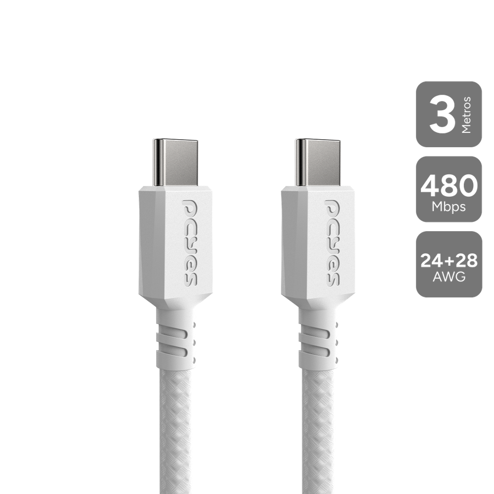Cabo USB TIPO-C P/ USB TIPO-C 2.0 - Branco - 3M - NYLON - PUCC2-3B