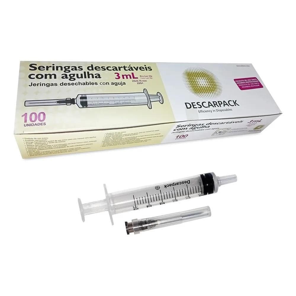2X Seringa 3Ml Com Agulha 25Mm X 0,7Mm Bico Luer Slip