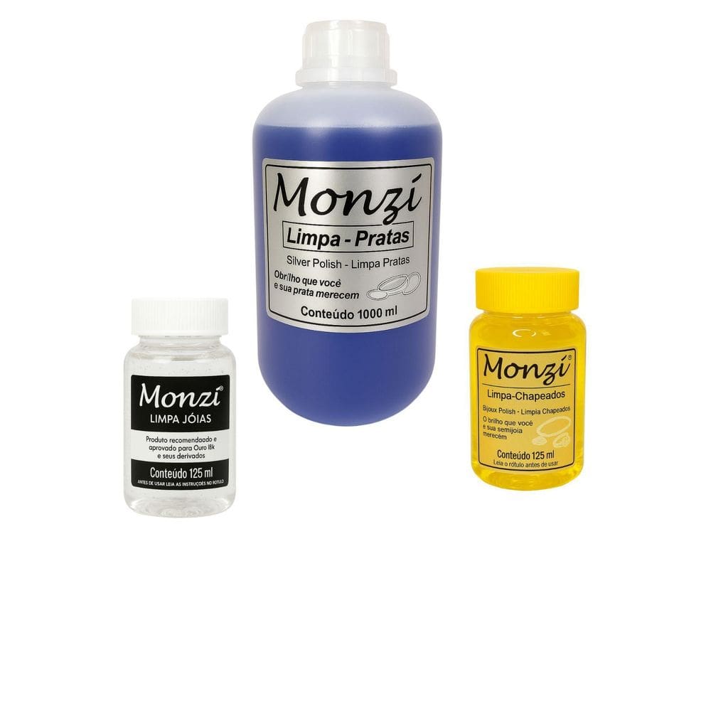 Kit 1 Limpa Prata 925 Monzi 1 Litro + 2 Limpa Chapeados