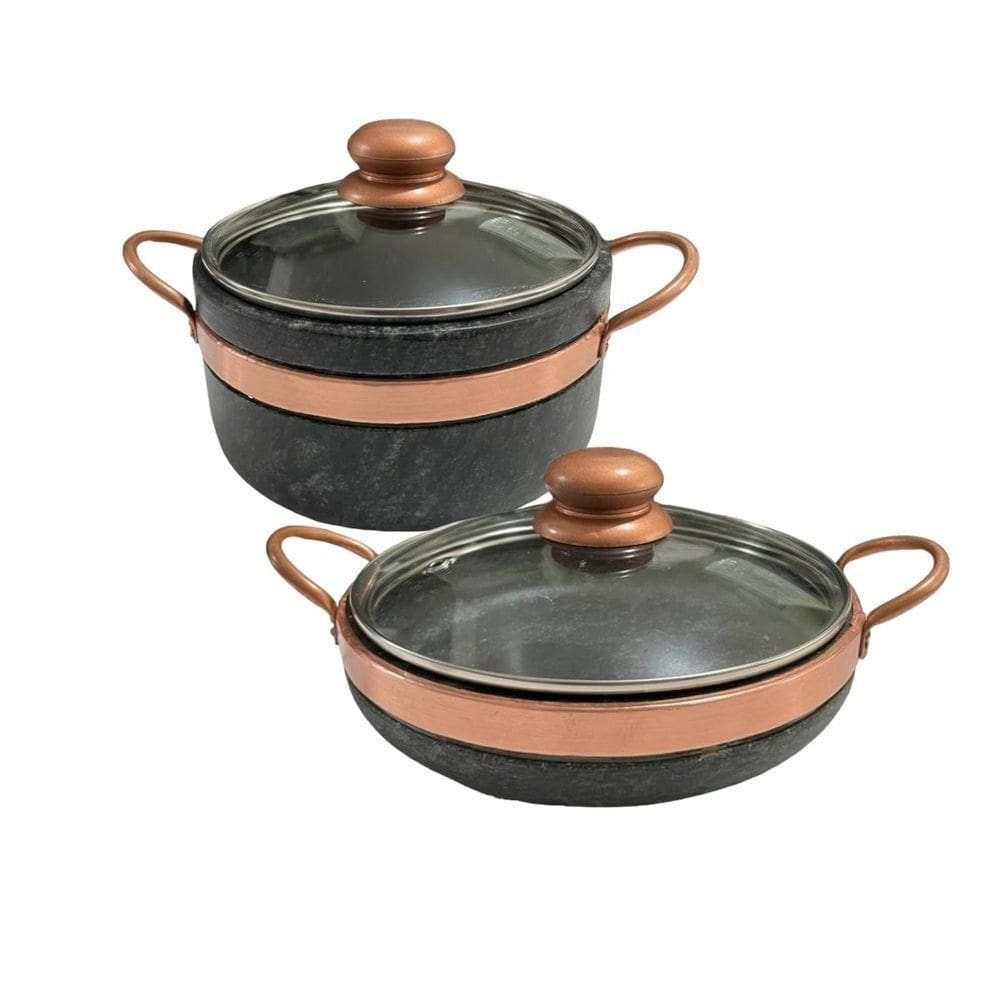 Frigideira + Panela De Pedra Sabão Com Tampas De Vidro Com Pegador Exclusivo