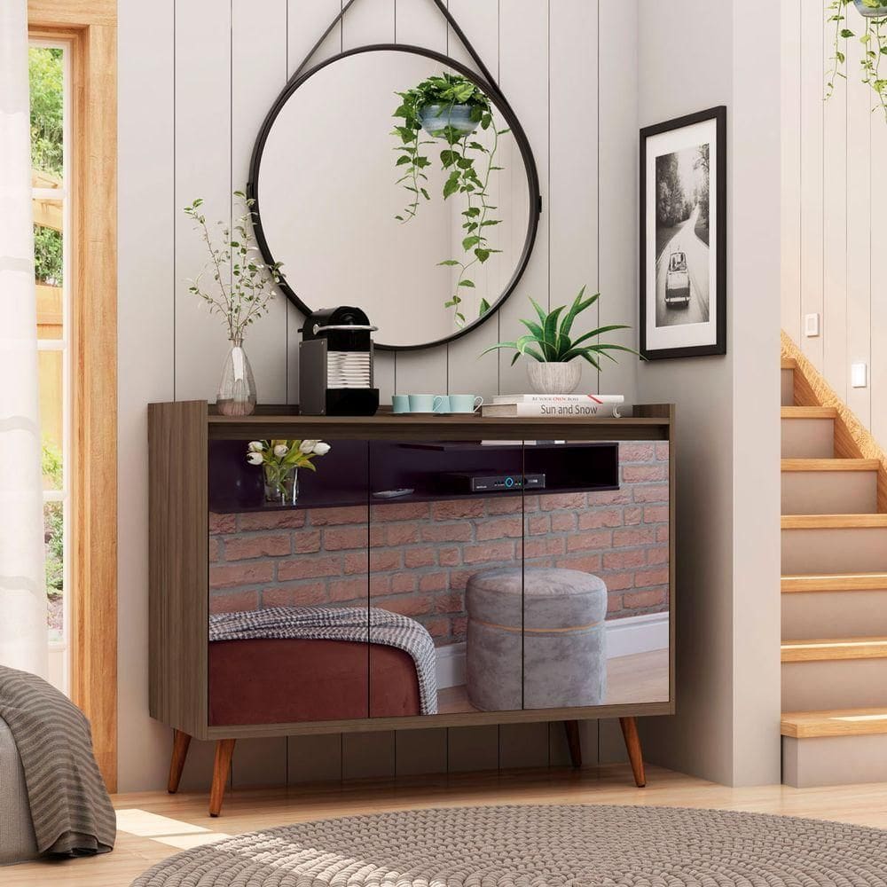 Buffet Aparador Retrô Com Espelho Clássico 3 Portas Malbec - Moveisaqui