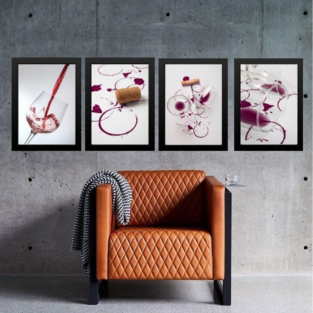 Kit 4 Quadros Fotografias Vinho Tinto 45X34Cm - Com Vidro