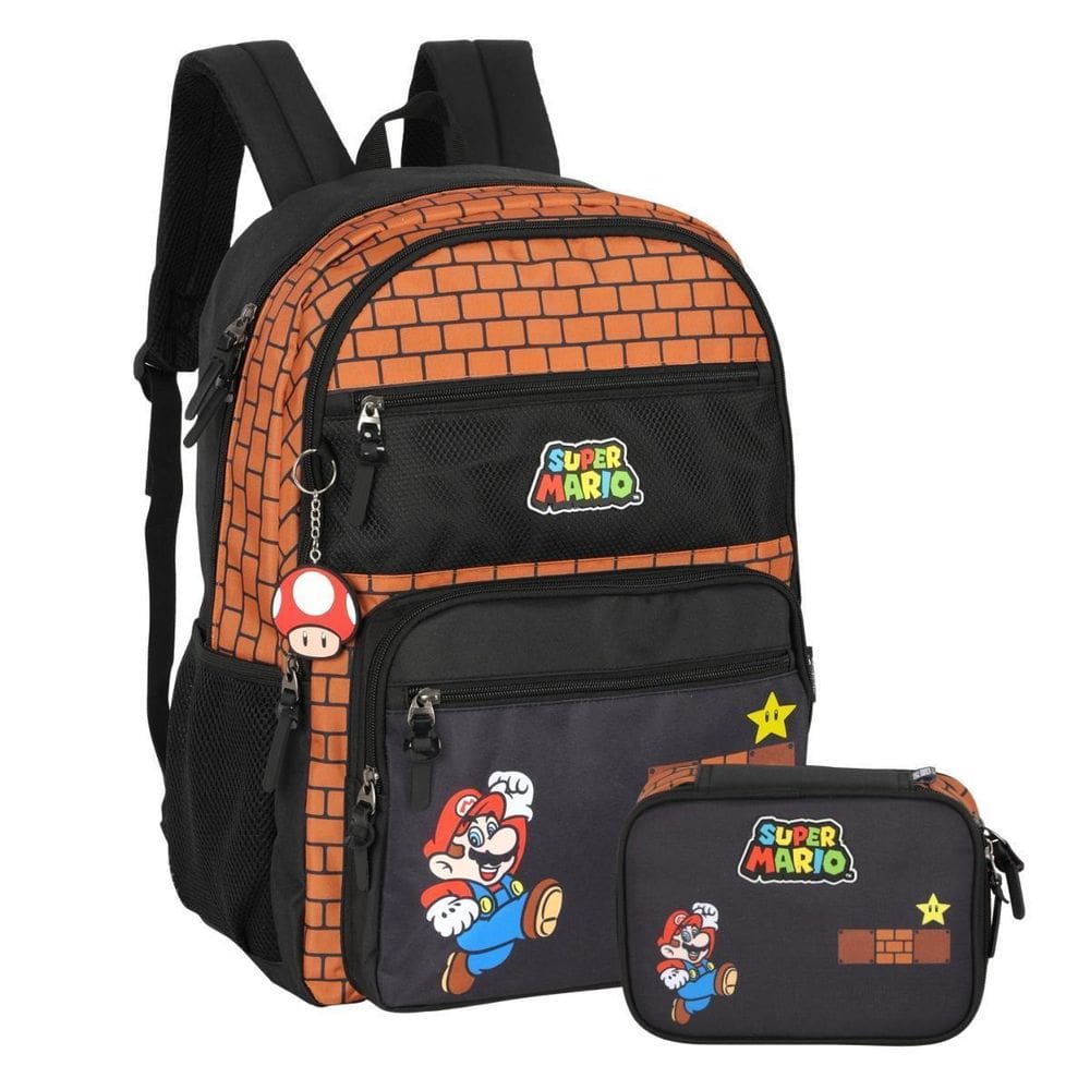 Kit Mochila Costas Super Mario Bros Escolar Estojo - Morrom