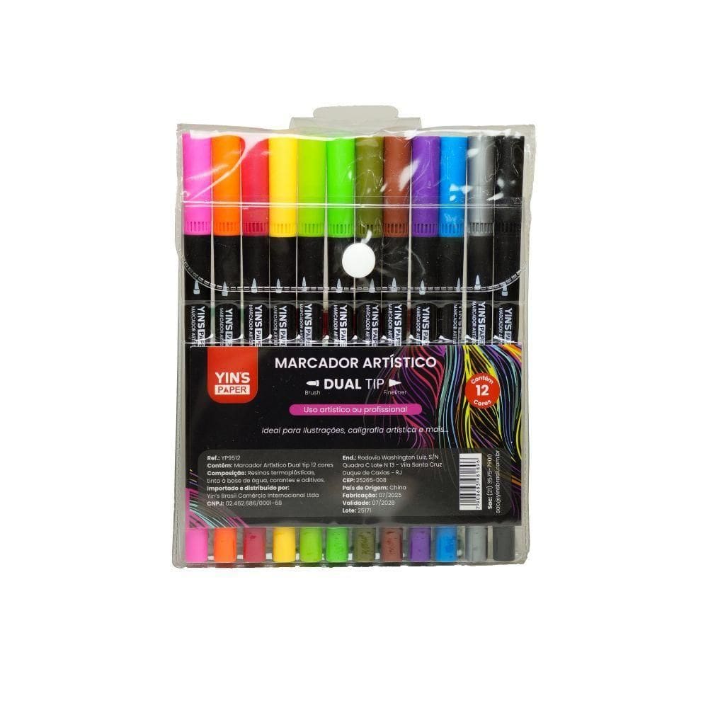 Marcador Artístico Duas Pontas 12 Cores Yins Paper