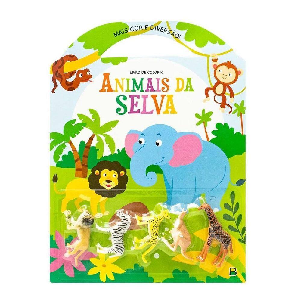 Livro De Colorir + 5 Mini Animais Selva Mais Cor E Diversão