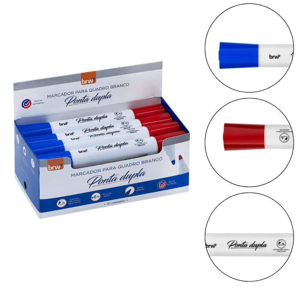 12 Marcador Quadro Branco 2 Em 1 Ponta Dupla Vermelho E Azul