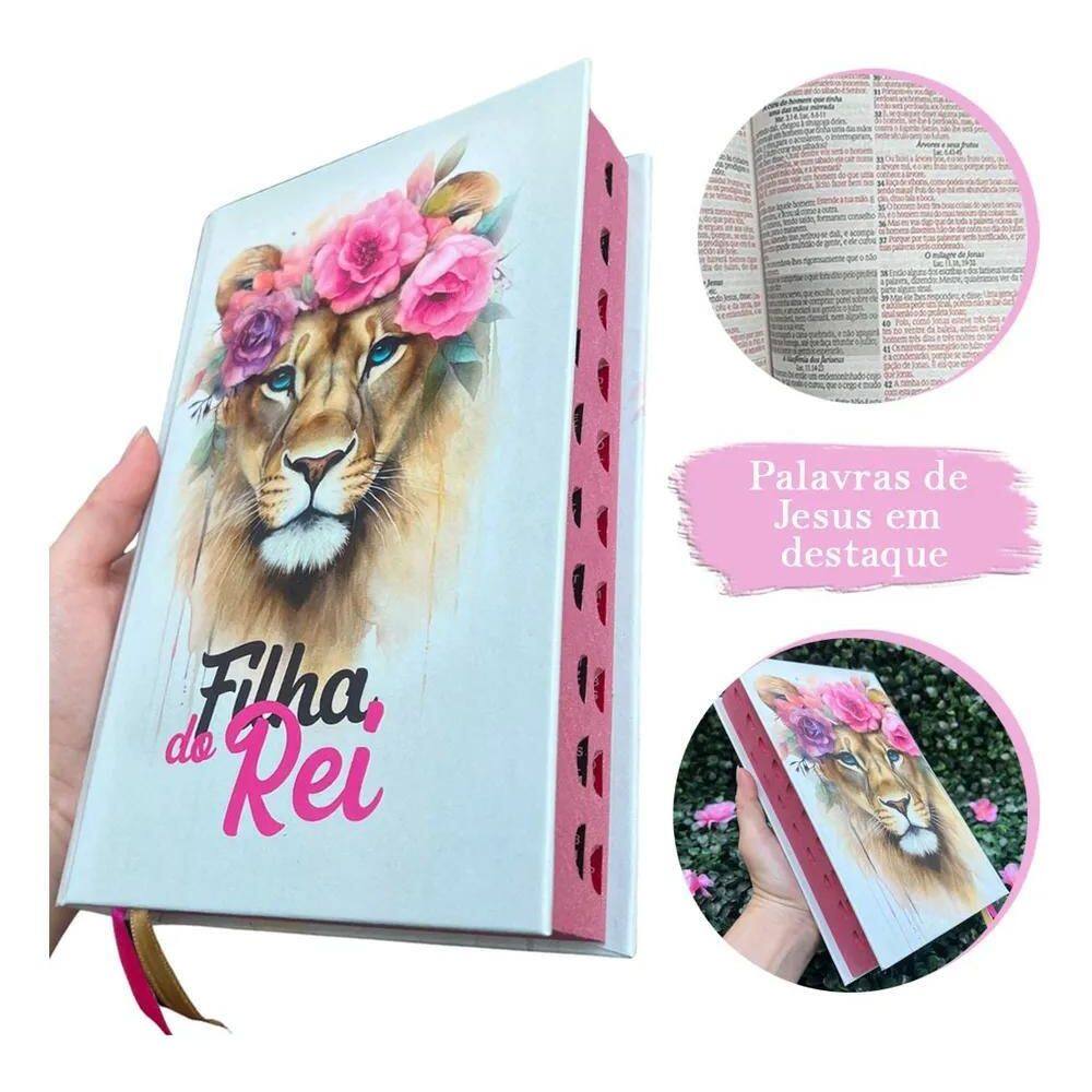 2X Bíblia Sagrada Leão Feminina Capa Dura Com Harpa E Índice
