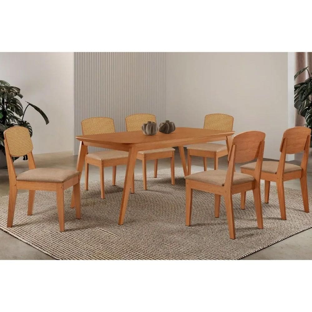 Sala Jantar Mesa Havana Tampo Curvo 180cm+6 Cadeiras Havana Naturale - Linho Bege - Rufato