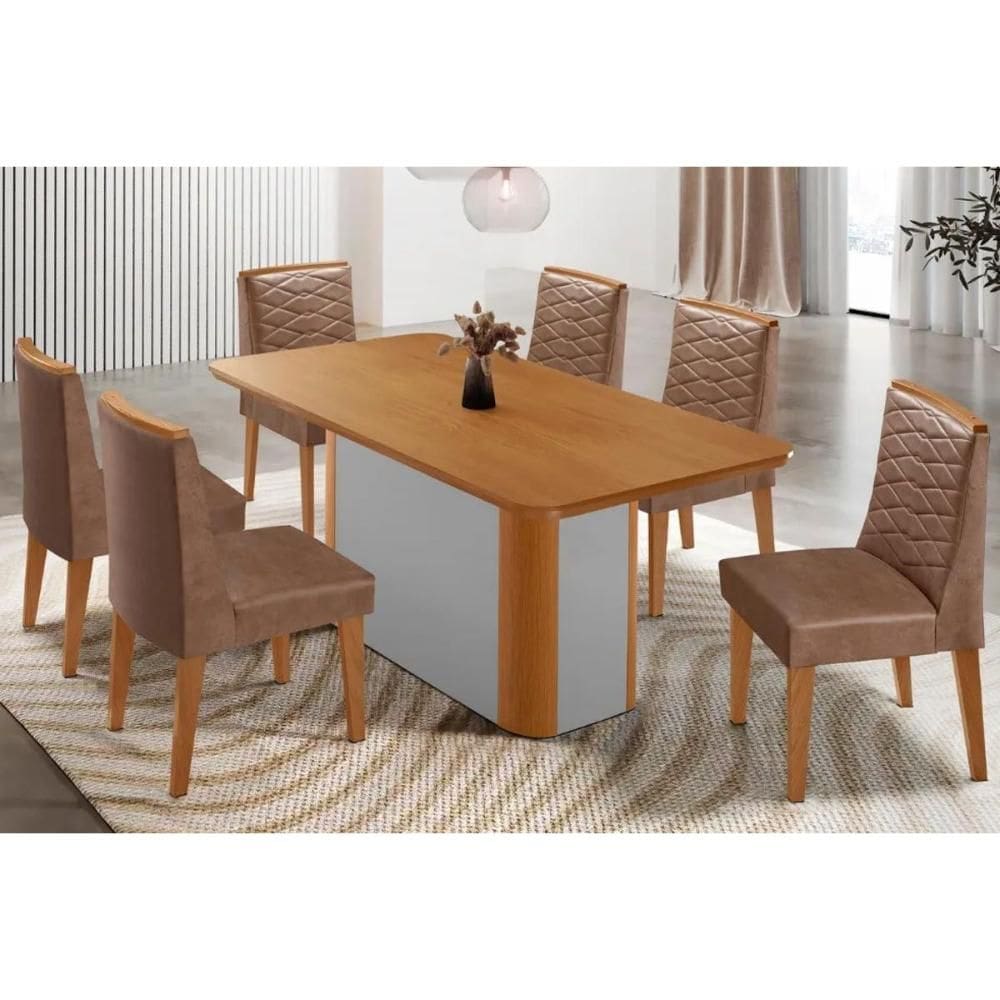 Sala Jantar Mesa Pietá Tampo Curvo 180cm+6 Cadeiras Maldivas Madeira Naturale/Off White - Capuccino/Corano Capuccino - Rufato