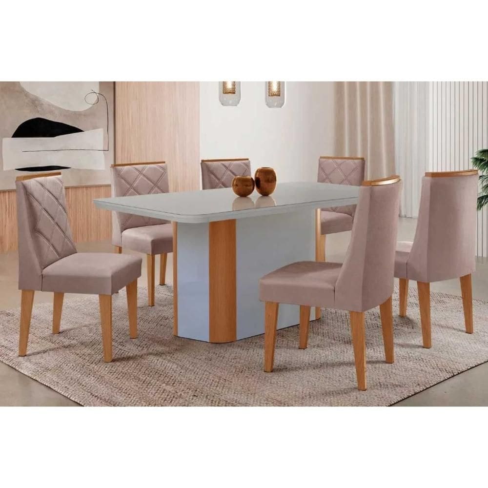 Sala Jantar Mesa Pietá Tampo c/ Vidro Curvo 180cm+6 Cadeiras Pietá Naturale/Off White - Linho Capuccino - Rufato