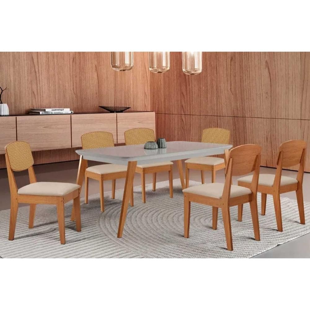 Sala Jantar Mesa Havana Tampo c/ Vidro Curvo 180cm+6 Cadeiras Havana Naturale/Off White - Linho Bege - Rufato