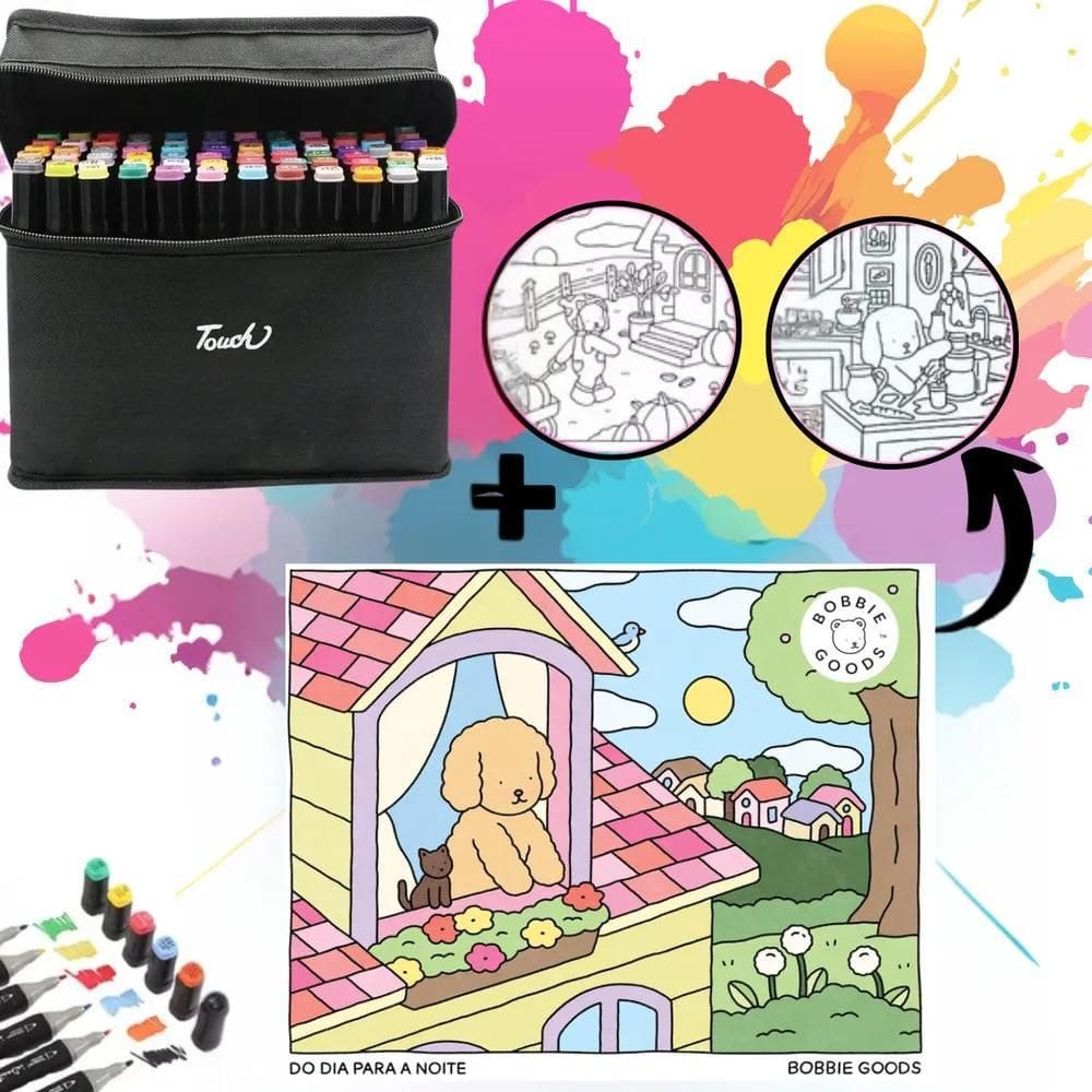 Kit Livro De Colorir + Canetinhas Touch 24 Cores Ponta Dupla