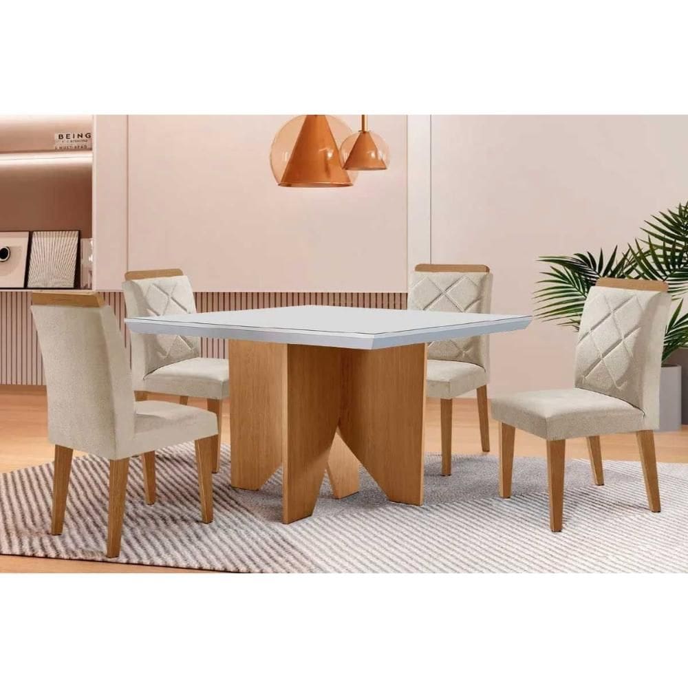 Sala Jantar Mesa Nevada Tampo c/ Vidro Curvo 90cm+4 Cadeiras Pietá Madeira Naturale/Off White - Suede Creme - Rufato