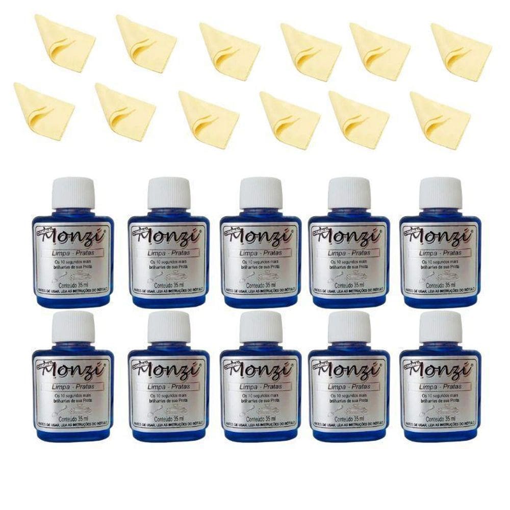 Kit 10 Limpa Pratas Monzi 35Ml + 10 Flanela Mágica Polimento
