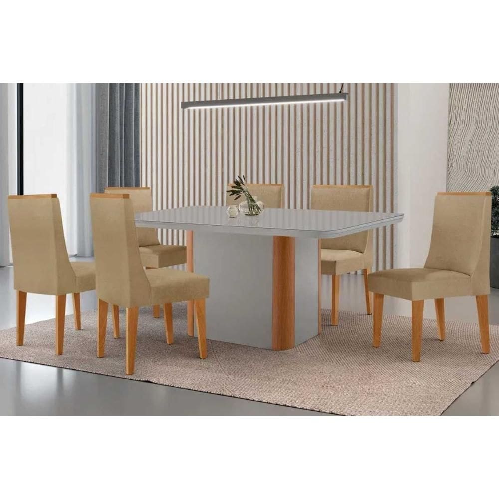 Sala Jantar Mesa Pietá Tampo c/ Vidro Curvo 180cm+6 Cadeiras Dakota Naturale/Off White - Linho Bege - Rufato