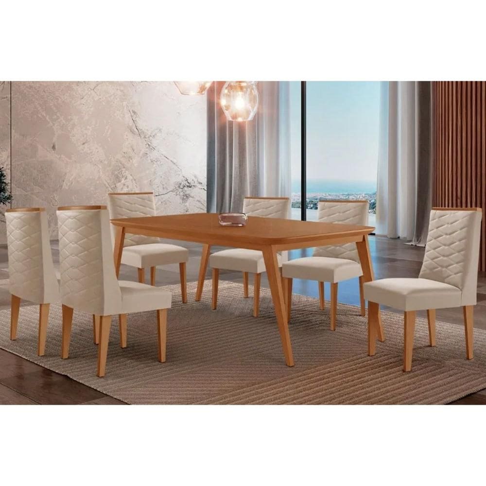 Sala Jantar Mesa Havana Tampo Curvo 180cm+6 Cadeiras Dafne Madeira Naturale - Capuccino/Suede Creme - Rufato