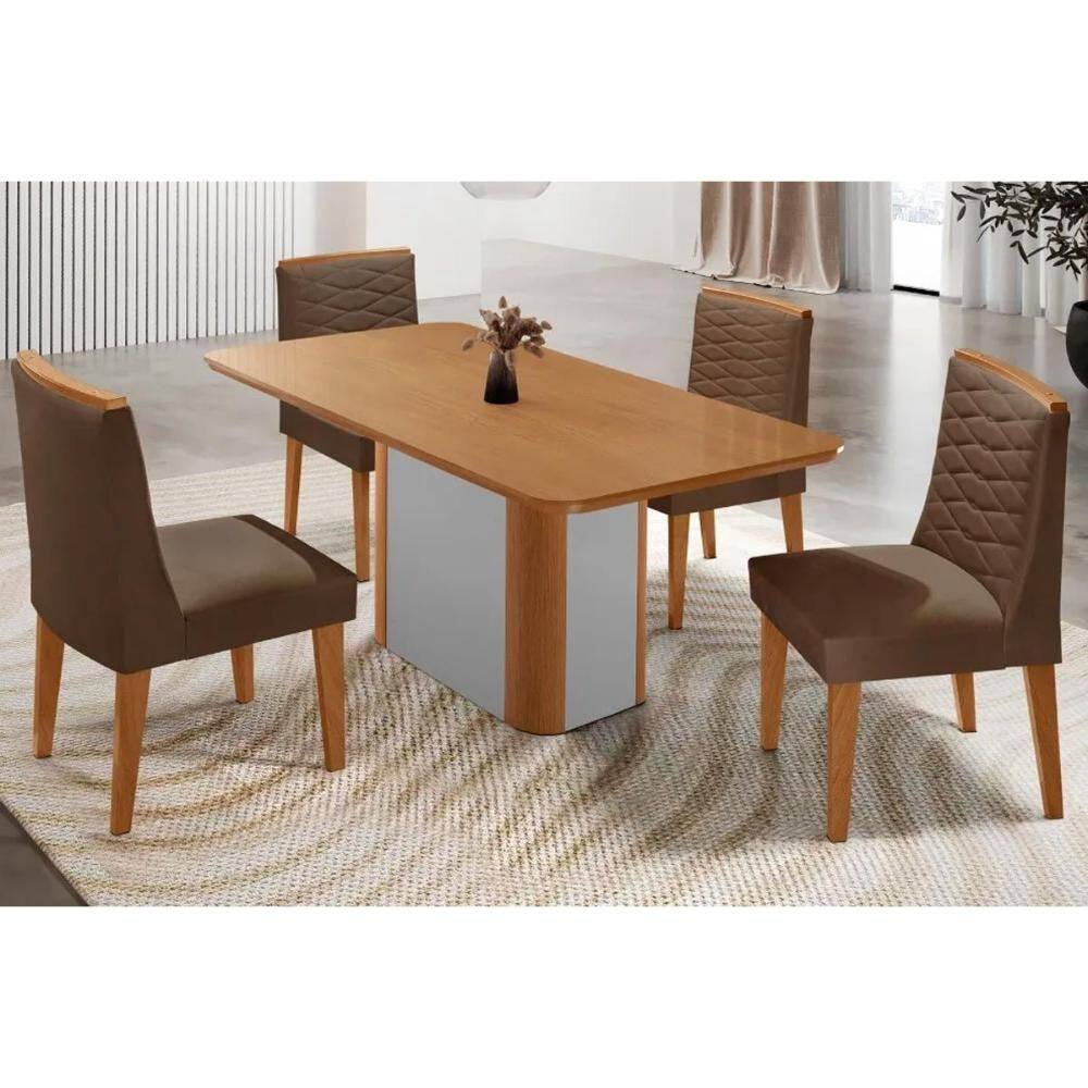 Sala Jantar Mesa Pietá Tampo Curvo 120cm+4 Cadeiras Maldivas Madeira Naturale/Off White - Capuccino/Suede Marrom - Rufato