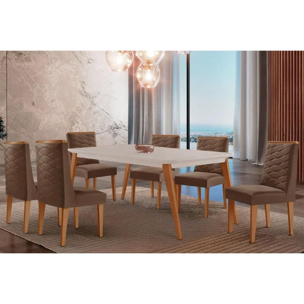 Sala Jantar Mesa Havana Tampo c/ Vidro Curvo 180cm+6 Cadeiras Dafne Madeira Naturale/Off White - Capuccino/Suede Marrom - Rufato