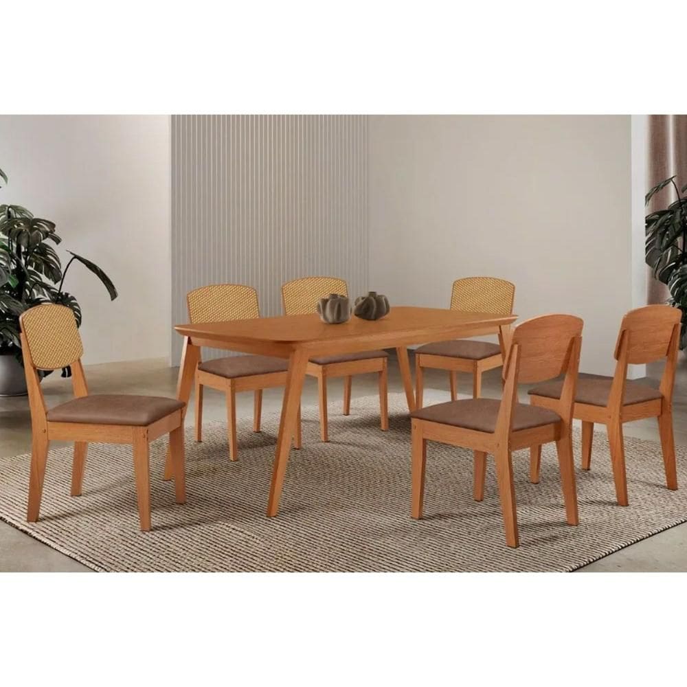 Sala Jantar Mesa Havana Tampo Curvo 180cm+6 Cadeiras Havana Naturale - Corano Capuccino - Rufato