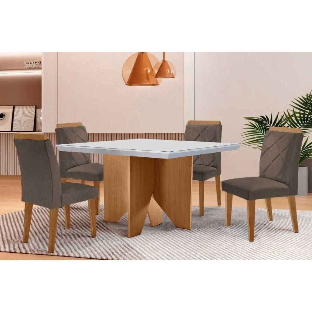Sala Jantar Mesa Nevada Tampo c/ Vidro Curvo 90cm+4 Cadeiras Pietá Madeira Naturale/Off White - Corano Capuccino - Rufato