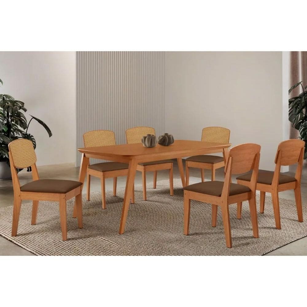 Sala Jantar Mesa Havana Tampo Curvo 180cm+6 Cadeiras Havana Naturale - Suede Marrom - Rufato