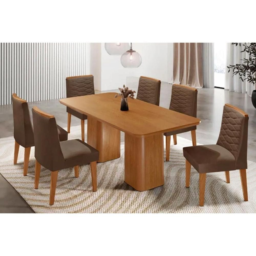Sala Jantar Mesa Maldivas Tampo Curvo 180cm+6 Cadeiras Maldivas Madeira Naturale - Capuccino/Suede Marrom - Rufato
