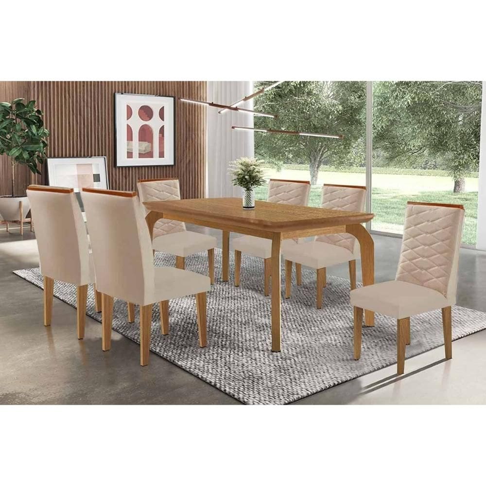 Sala Jantar Mesa Londrina Tampo Curvo 180cm+6 Cadeiras Maldivas Madeira Naturale - Capuccino/Linho Bege - Rufato