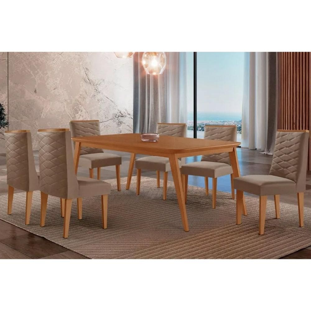 Sala Jantar Mesa Havana Tampo Curvo 180cm+6 Cadeiras Dafne Madeira Naturale - Capuccino/Suede Capuccino - Rufato
