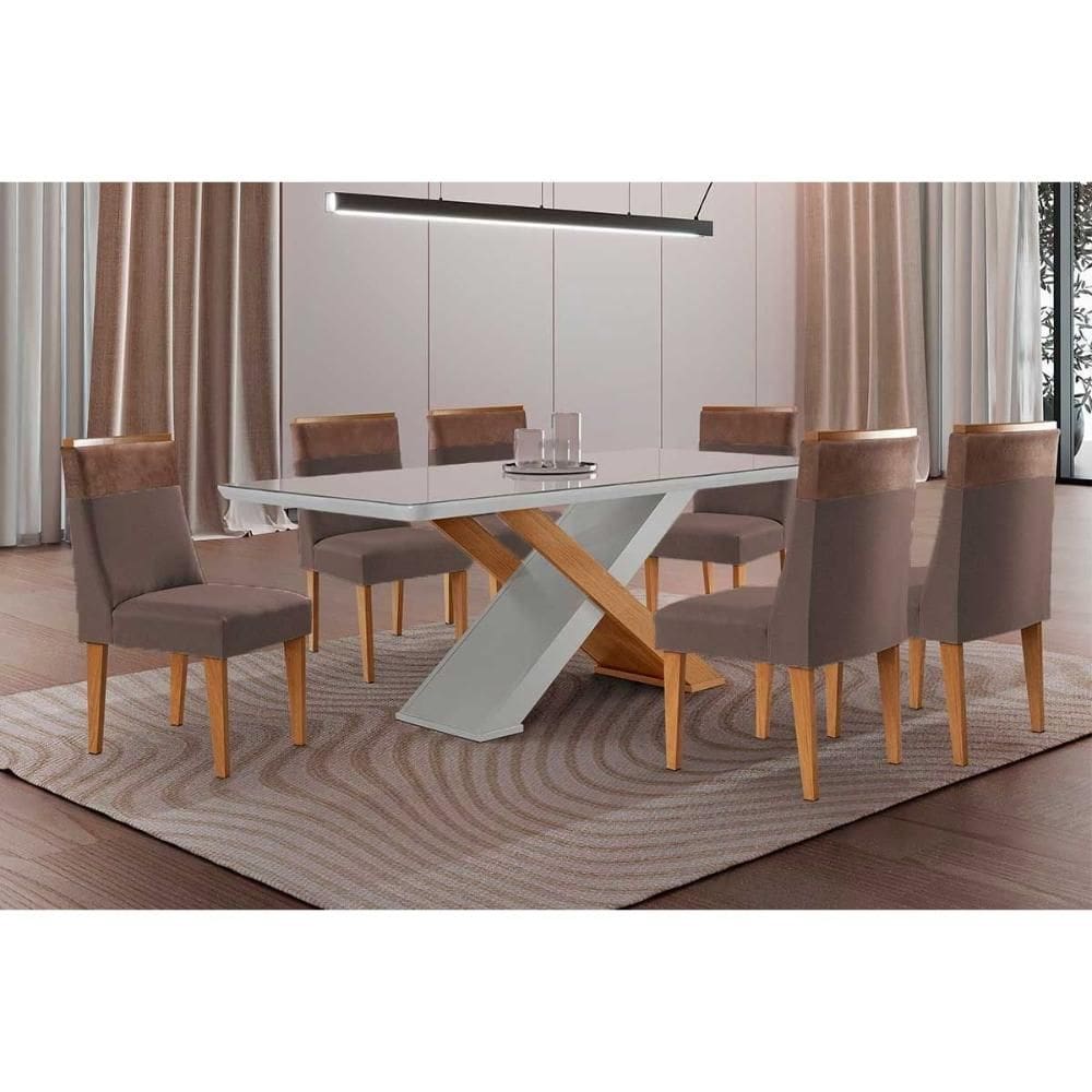 Sala Jantar Mesa Imperatriz Tampo c/ Vidro Curvo 180cm+6 Cadeiras Jaspe Madeira Naturale/Off White - Capuccino/Suede Marrom - Rufato