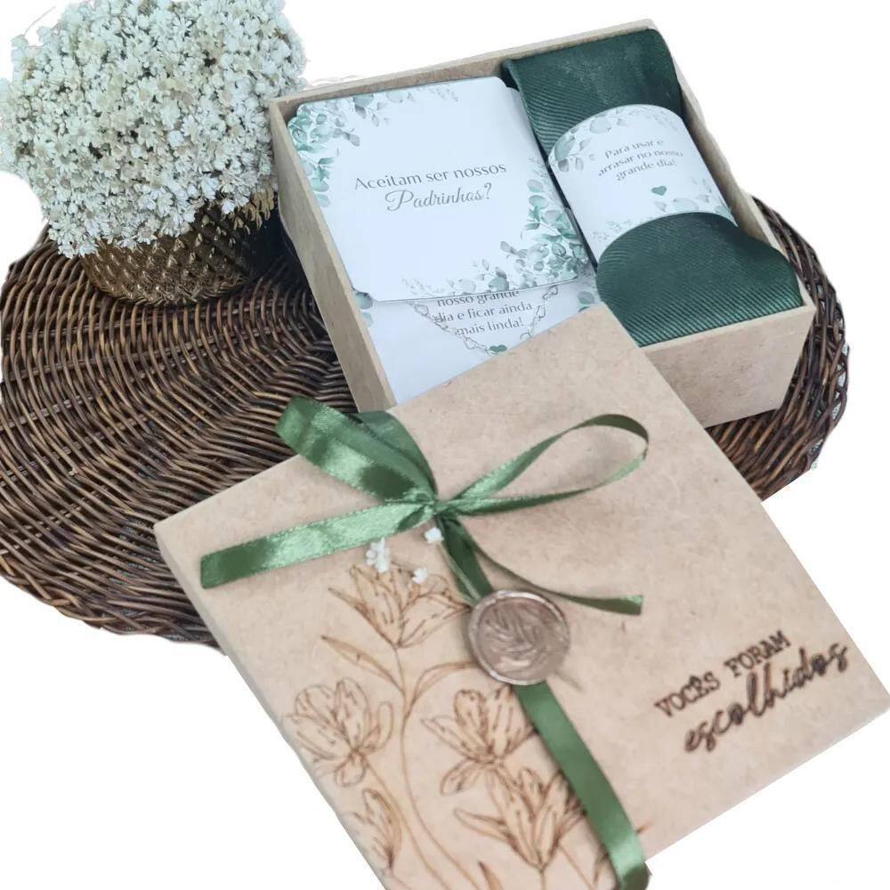 2X Kit Convite Padrinhos Gravata Pulseira Caixa Decorada E T