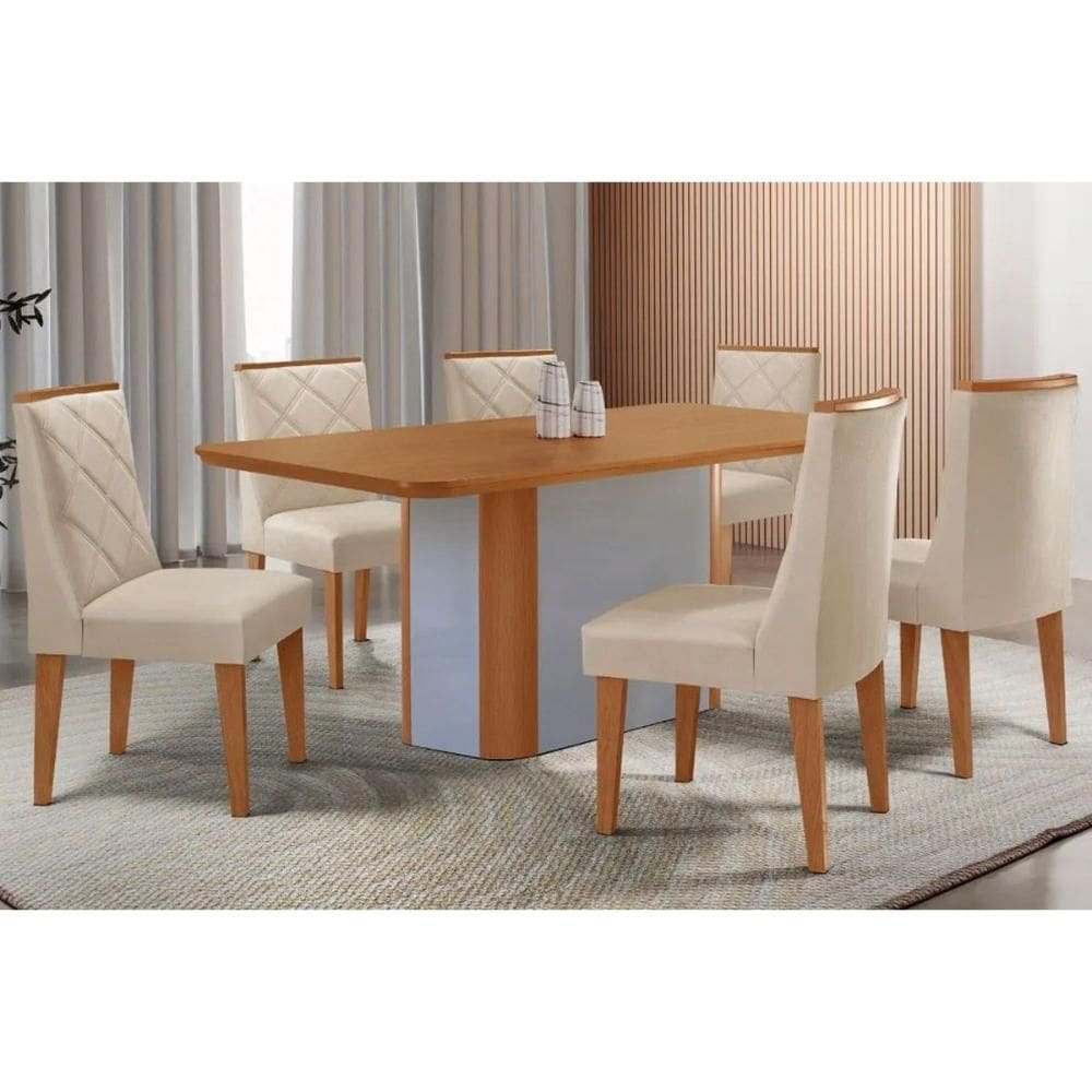 Sala Jantar Mesa Pietá Tampo Curvo 180cm+6 Cadeiras Pietá Madeira Naturale/Off White - Capuccino/Suede Creme - Rufato