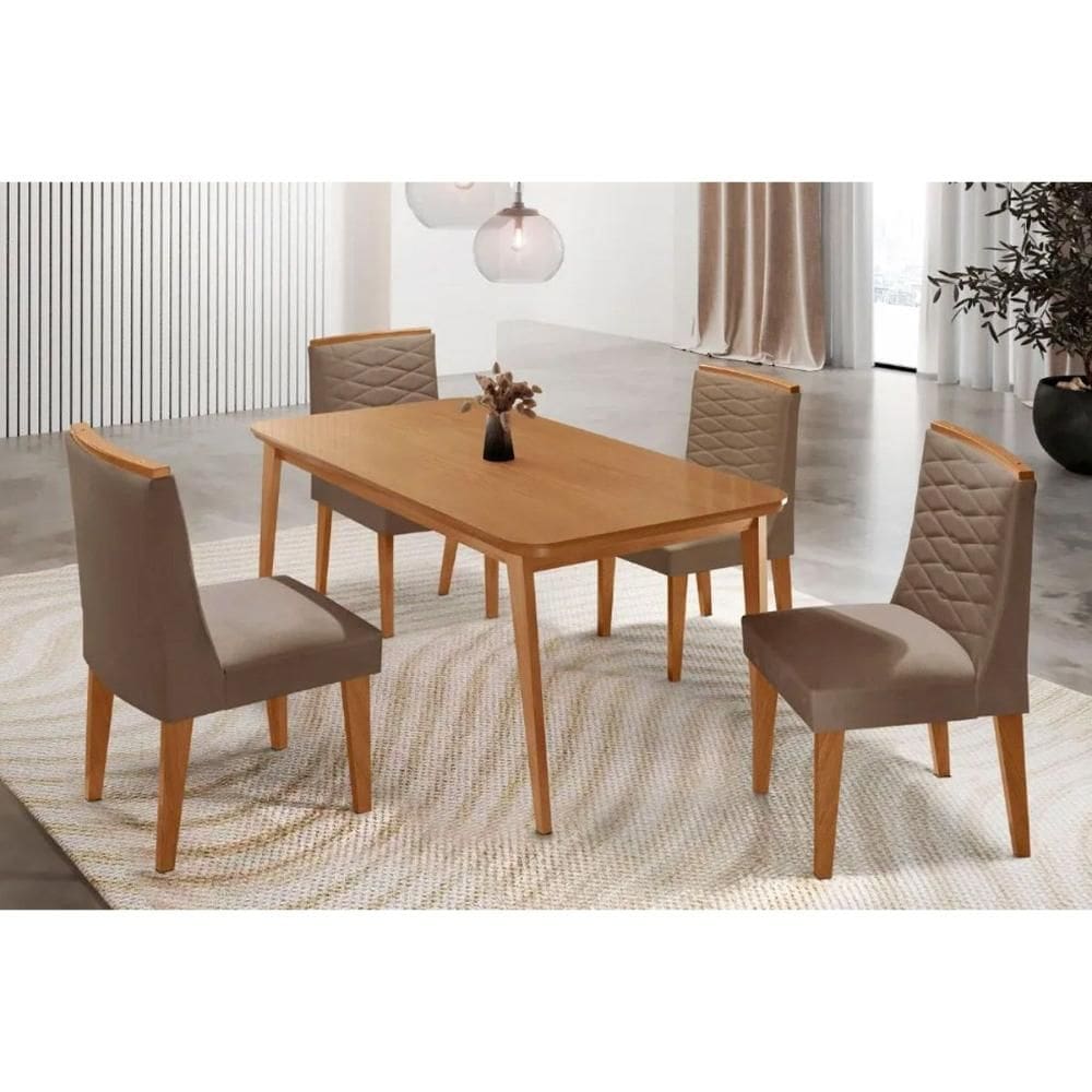 Sala Jantar Mesa Havana Tampo Curvo 120cm+4 Cadeiras Maldivas Madeira Naturale - Capuccino/Suede Capuccino - Rufato