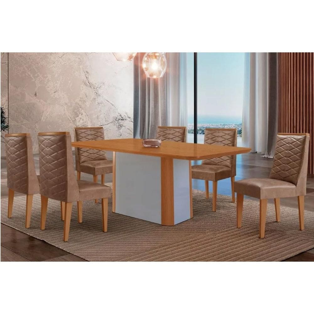 Sala Jantar Mesa Pietá Tampo Curvo 180cm+6 Cadeiras Dafne Madeira Naturale/Off White - Capuccino/Corano Capuccino - Rufato