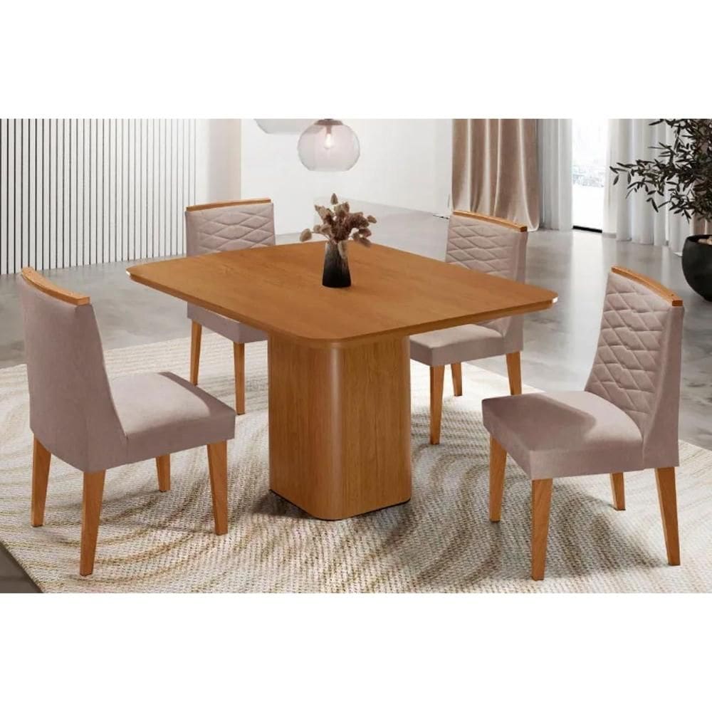 Sala Jantar Mesa Maldivas Tampo Curvo 90cm+4 Cadeiras Maldivas Madeira Naturale - Capuccino/Linho Capuccino - Rufato