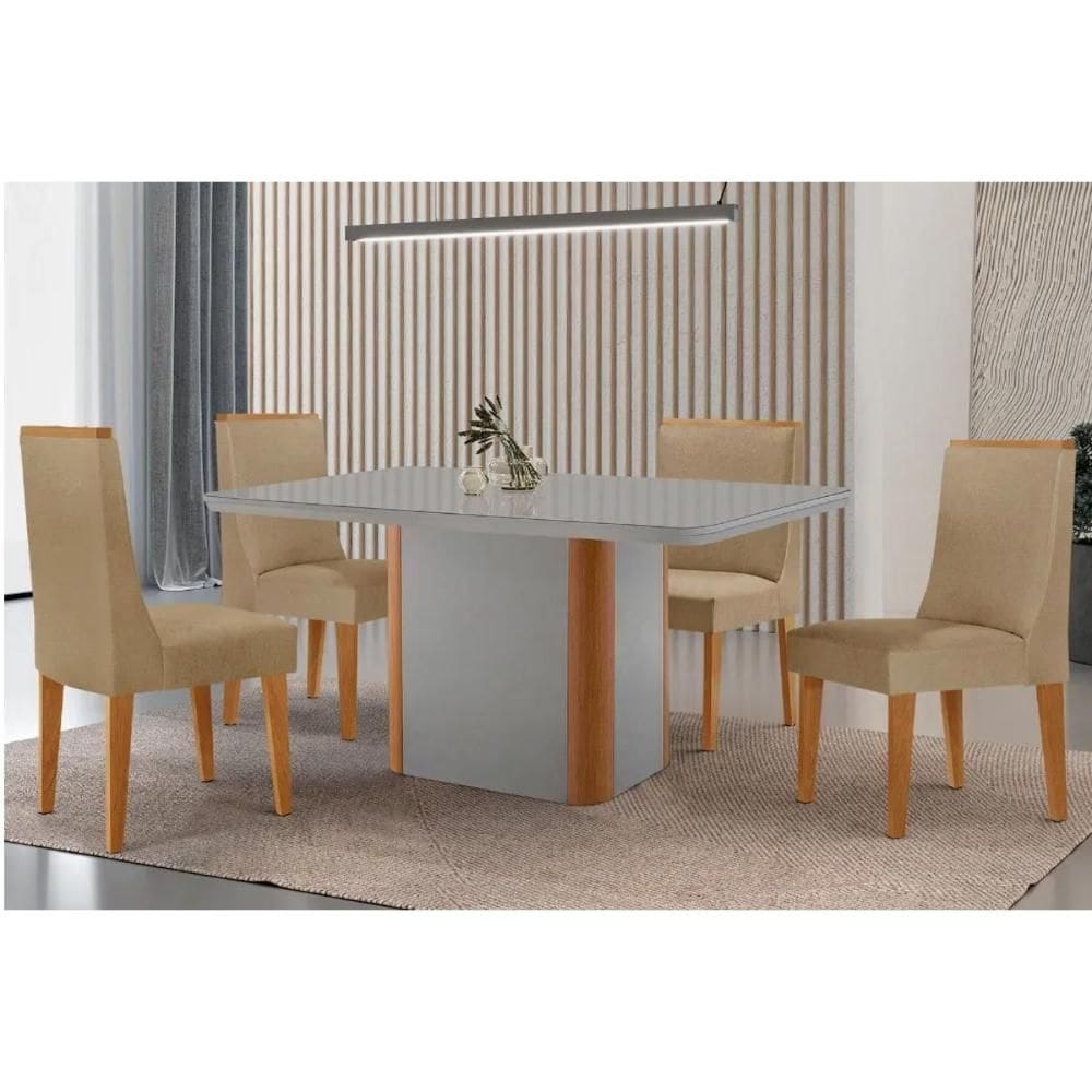 Sala Jantar Mesa Pietá Tampo c/ Vidro Curvo 120cm+4 Cadeiras Dakota Madeira Naturale/Off White - Capuccino/Linho Bege - Rufato
