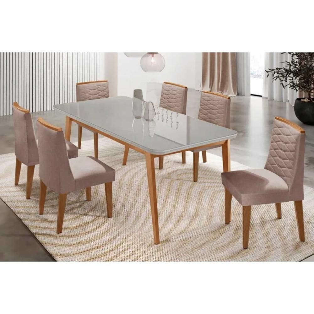 Sala Jantar Mesa Havana Tampo c/ Vidro Curvo 180cm+6 Cadeiras Maldivas Madeira Naturale/Off White - Capuccino/Linho Capuccino - Rufato